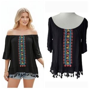 Plus size black boho off the shoulder top w/ fringe women's plus size 1X